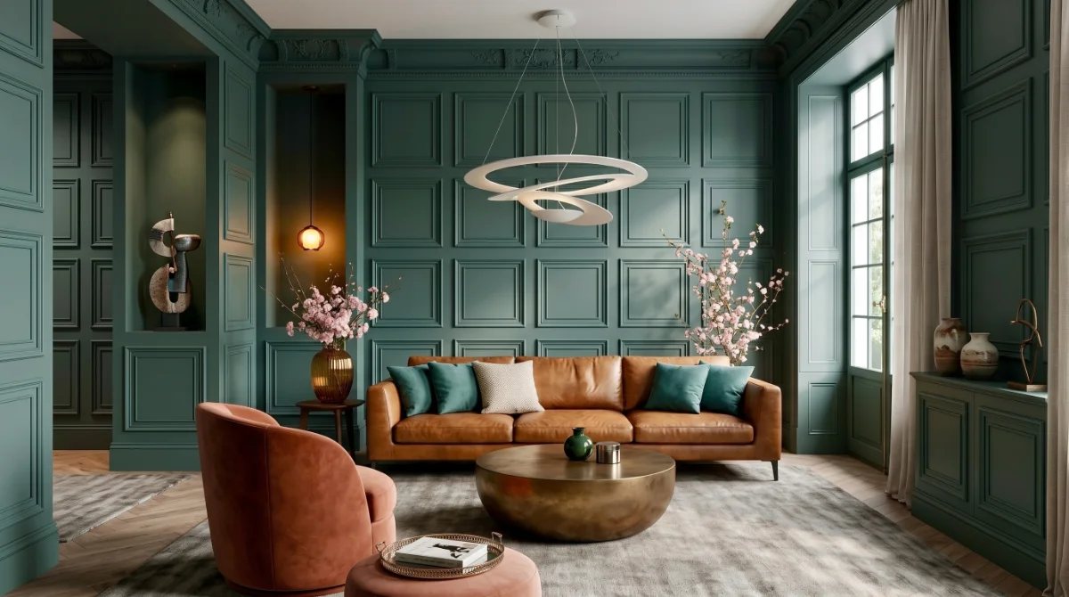 Showroom AGOF Luce a Sondrio: soggiorno con sospensione di design accesa
