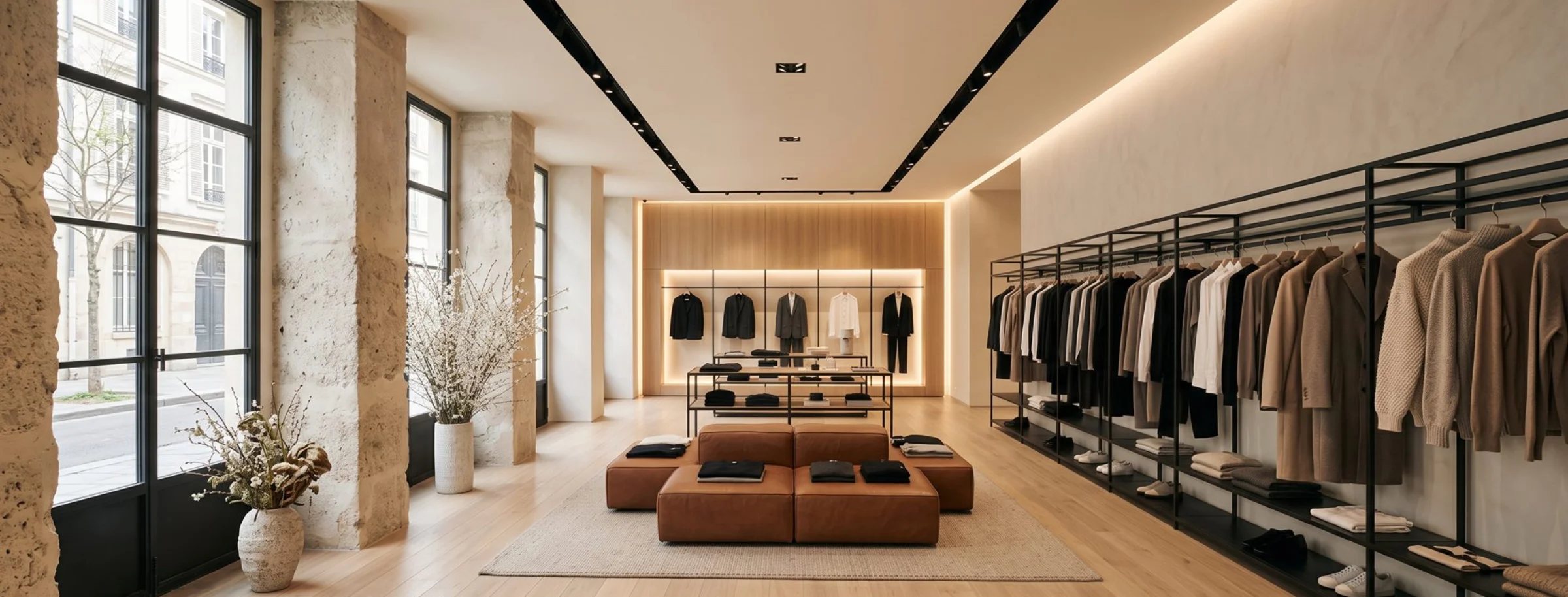 Negozio di abbigliamento illuminato con binari a soffitto, luce lineare sulle esposizioni e retroilluminazione